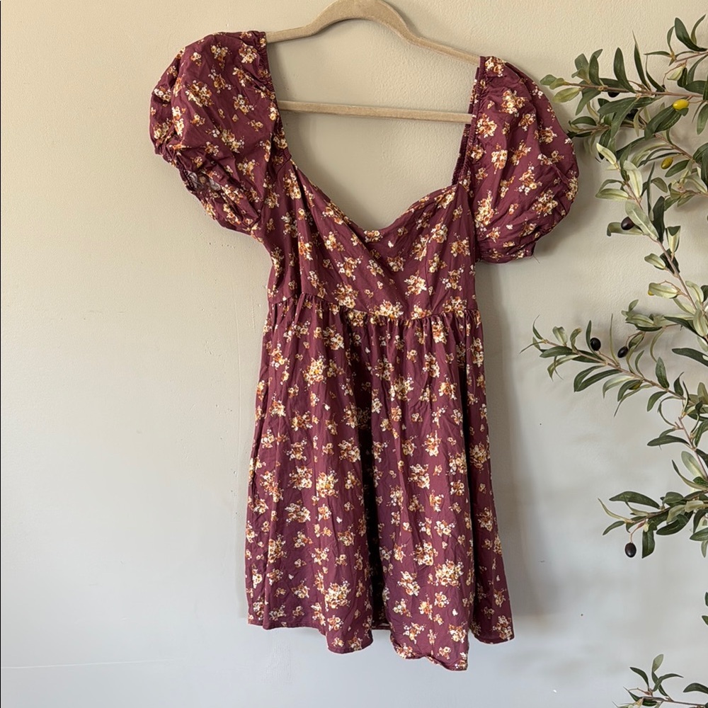 Altar'd State Floral Puff Sleeve Dress - Burgundy and Yellow
